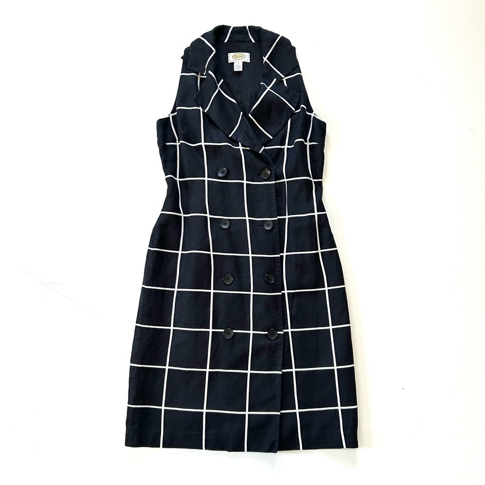 Vintage Talbots Black & White Windowpane Check Linen Sleeveless Shirt Dress